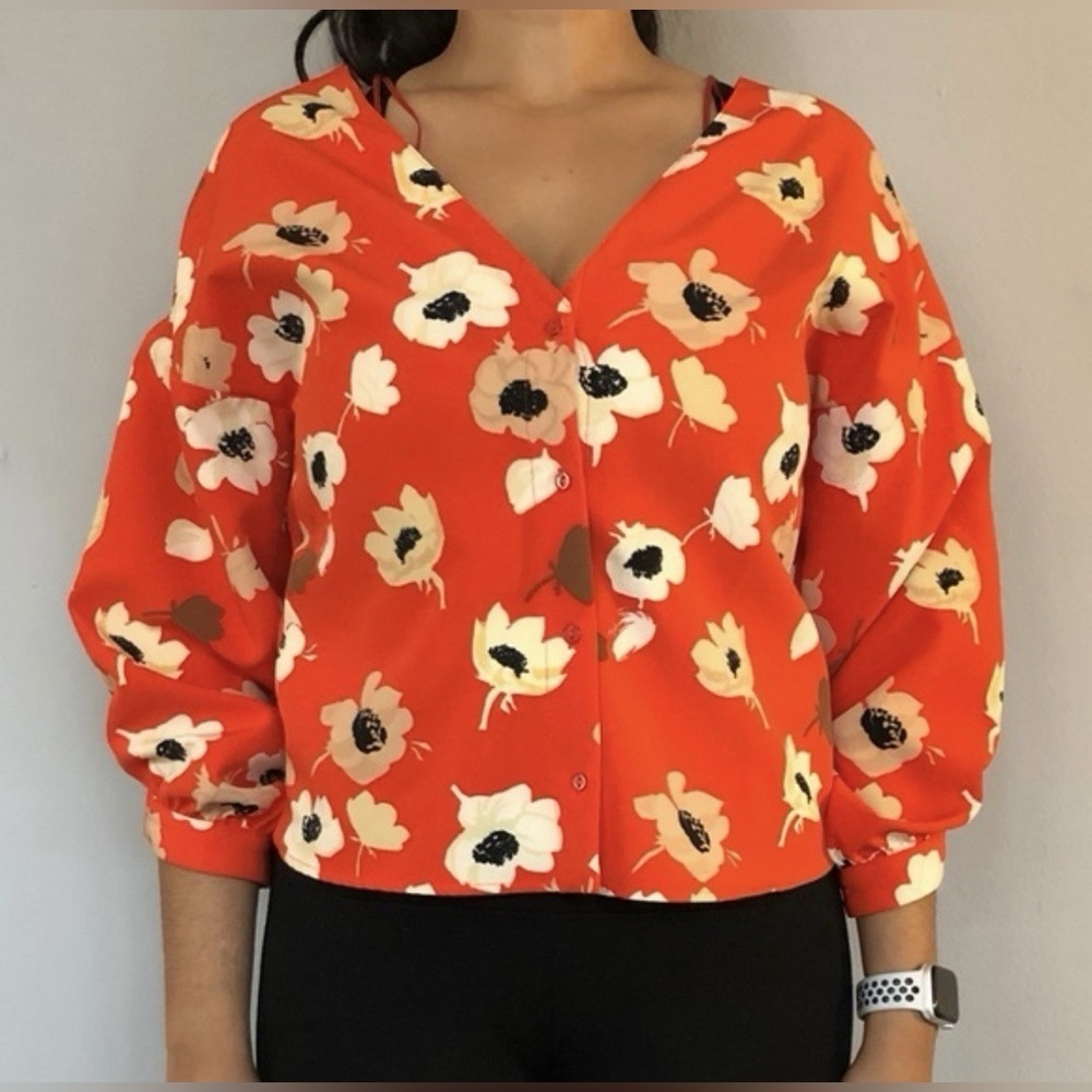 Zara Bright Orange Floral Blouse Sz M